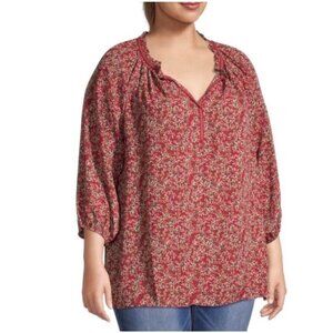 Max Studio Women's Plus Size 1X Crepe Peasant Boho Blouse Red Floral Print